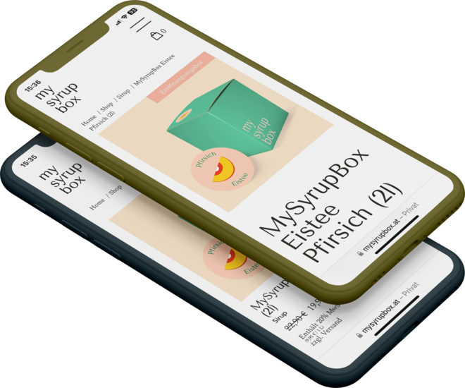 Zwei mobile Screenshot des mit WooCommerce erstellten Onlineshop für MySyrupBox Zwei Screenshots für mobile Geräte des mit WordPress und WooCommerce erstellten Webshop für MySyrupBox.