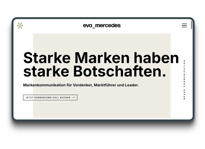 Screenshot in einem Mockup der Website von Eva Mercedes Cacici - Markenkommunikation für Vordenker, Marktführer und Leader.